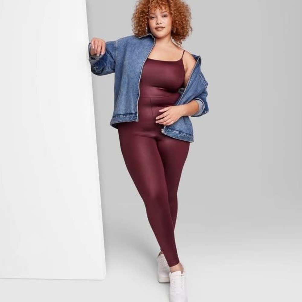 Burgundy Shimmer Spaghetti Strap Full Length Bodysuit Jumpsuit Women's  PLUS 4XL